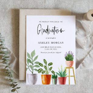 Boho Watercolor Potted Houseplants Graduation Announcement