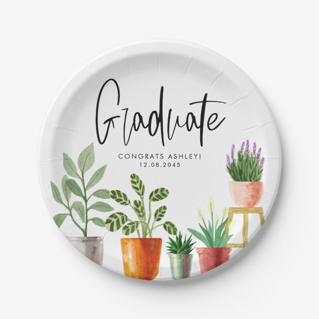 Boho Watercolor Potted Houseplants Graduation Paper Plate (Front)