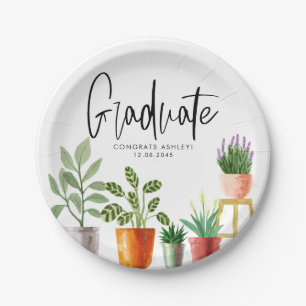 Boho Watercolor Potted Houseplants Graduation Paper Plate