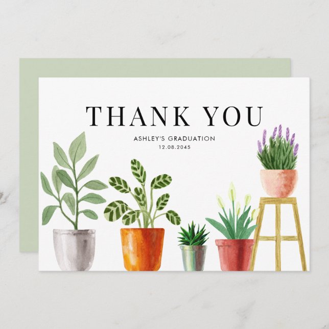 Boho Watercolor Potted Houseplants Graduation Thank You Card (Front/Back)