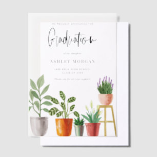Boho Watercolor Potted Houseplants Graduation Vellum Invitations