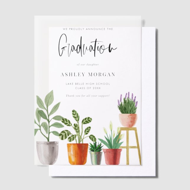 Boho Watercolor Potted Houseplants Graduation Vellum Invitations (Offset)