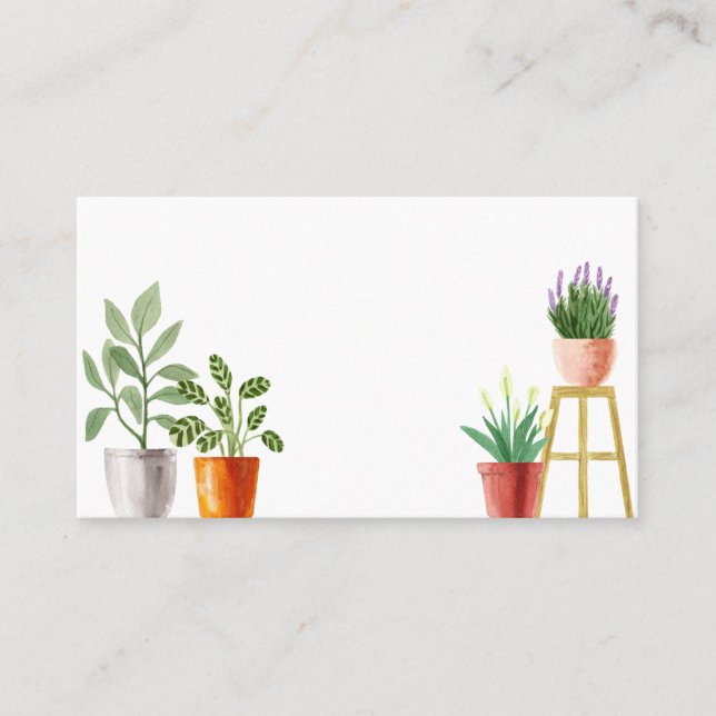 Boho Watercolor Potted Houseplants Wedding Place Card (Front)