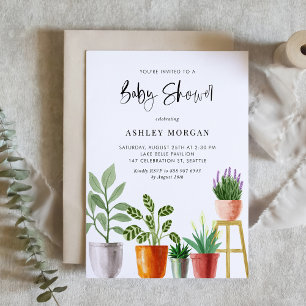 Boho Watercolor Potted Plants Baby Shower Invitation