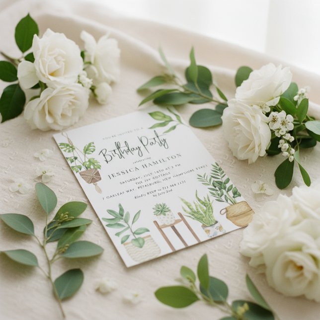 Boho Watercolor Potted Plants Birthday Party  Invitation (Creator Uploaded)
