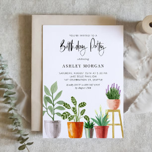 Boho Watercolor Potted Plants Birthday Party Invitation