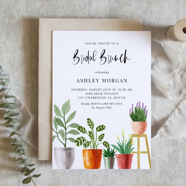 Boho Watercolor Potted Plants Bridal Brunch Invitation (Customizable boho bridal brunch invitation featuring watercolor potted houseplants. )