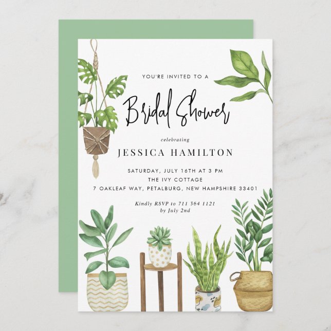 Boho Watercolor Potted Plants Bridal Shower  Invitation (Front/Back)