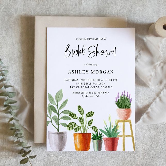 Boho Watercolor Potted Plants Bridal Shower Invitation (Customizable boho bridal shower invitation featuring watercolor potted houseplants. )