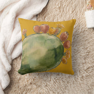 Boho Watercolor Prickly Pear Cactus Fruit  Cushion