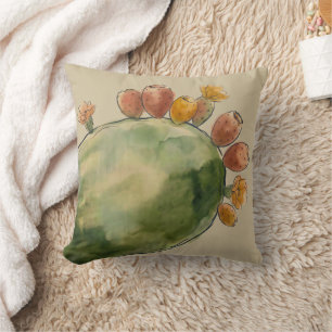 Boho Watercolor Prickly Pear Cactus Fruit Cushion