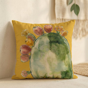 Boho Watercolor Prickly Pear Cactus Fruit Cushion