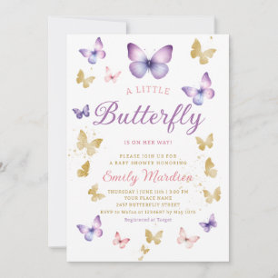 Boho Watercolor purple Butterfly Girl Baby Shower Invitation