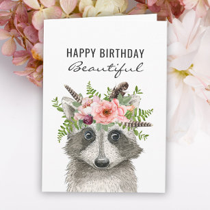 Boho Watercolor Racoon Happy Birthday Card