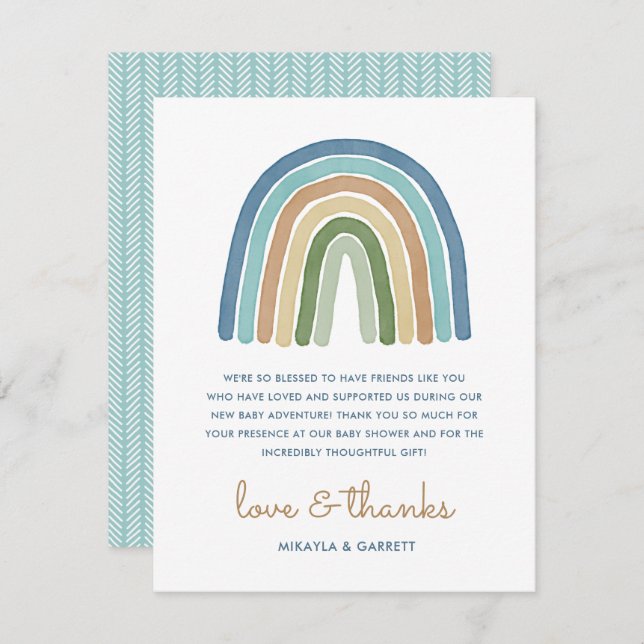 Boho Watercolor Rainbow Baby Shower Blue  Thank You Card (Front/Back)