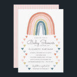 Boho Watercolor Rainbow Baby Shower Coral Invitation<br><div class="desc">This adorable baby shower invitation features a hand painted boho watercolor rainbow in coral, pink, gold, teal blue, and dusty blue, along with matching triangle rain arranged in a geometric design. The back of the card contains a boho stripes pattern in white over a matching blush pink background (colour can...</div>