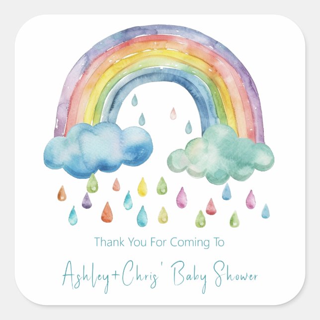 Boho Watercolor Rainbow Baby Shower Square Sticker (Front)