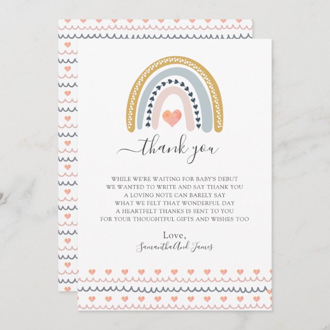 Boho Watercolor Rainbow Baby Shower  Thank You Card (Front/Back)