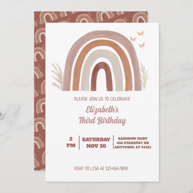Boho Watercolor Rainbow Birthday | Pampas Grass  I Invitation (Front/Back)