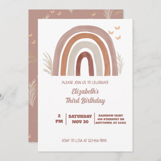 Boho Watercolor Rainbow Birthday | Pampas Grass  Invitation (Front/Back)