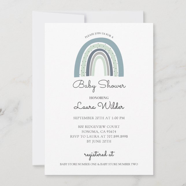 Boho Watercolor Rainbow Blue Baby Boy Shower Invitation (Front)