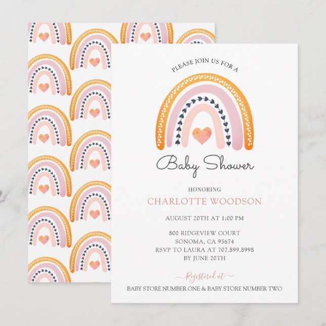 Boho Watercolor Rainbow Girl Baby Shower  Invitation (Front/Back)