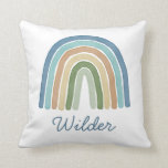 Boho Watercolor Rainbow Name Modern Blue Cushion<br><div class="desc">This super cute nursery or kids' throw pillow features a hand painted watercolor rainbow in blue, aqua, tan, gold, olive green, and light sage green. A text template is included for personalisation, making this a truly unique gift! The back of the pillow contains a pattern of rainbows and matching triangle...</div>