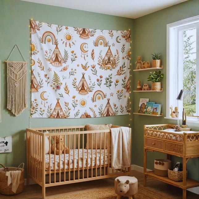 Boho Watercolor Rainbow Nursery Wall Tapestry (Boho nursery wall tapestry. Earth-tone rainbow & tent backdrop for kids room)