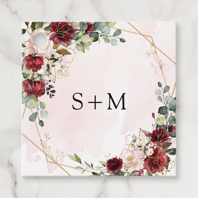 Boho watercolor red roses monogram initials favour tags (Front)