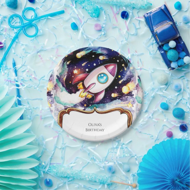 Boho Watercolor Rocket Birthday Paper Plate (Party)