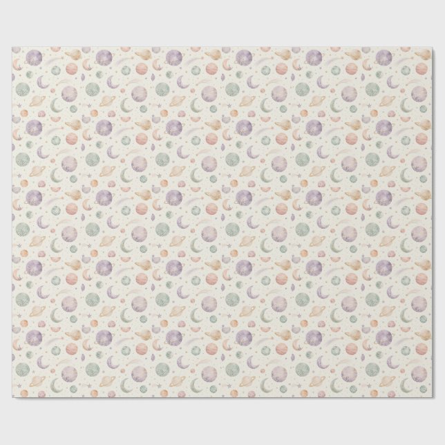 Boho Watercolor Space & Planets Seamless Pattern Wrapping Paper (Flat)