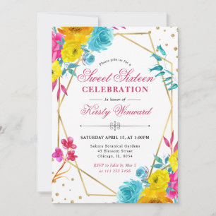 Boho Watercolor Spring Flowers Frame Sweet 16 Invitation