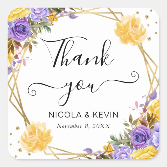 Boho Watercolor Spring Flowers Gold Frame Wedding Square Sticker (Front)