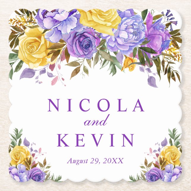 Boho Watercolor Spring Flowers Wedding Paper Coaster (Front)