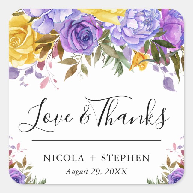 Boho Watercolor Spring Flowers Wedding Square Sticker (Front)