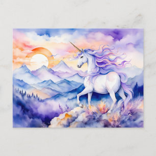 Boho Watercolor Strong Unicorn Standing On Misty M Postcard
