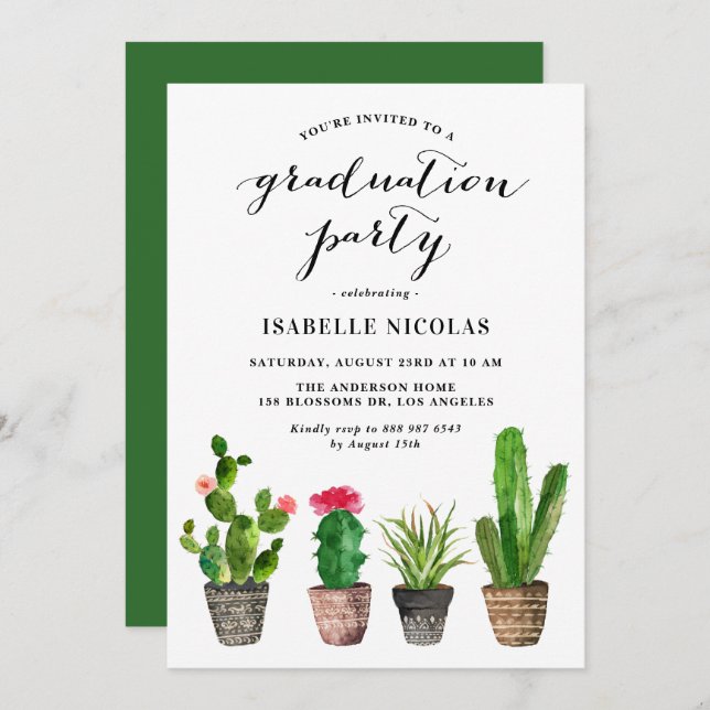 Boho Watercolor Succulents Graduation Party Invitation (Front/Back)