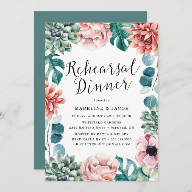 Boho Watercolor Succulents Reharsal Dinner Invitation (Front/Back)