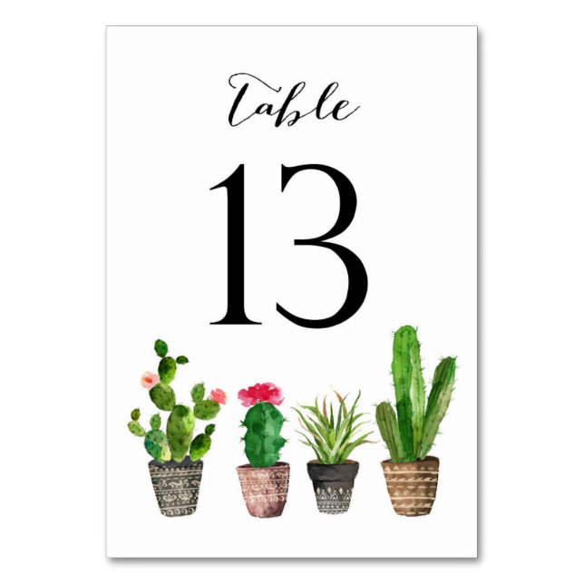 Boho Watercolor Succulents Table Numbers Card 13 (Front)