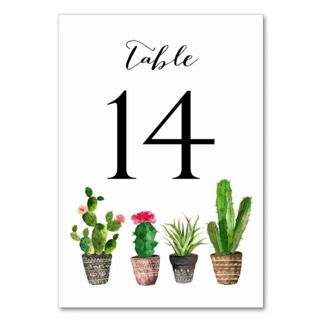Boho Watercolor Succulents Table Numbers Card 14 (Front)