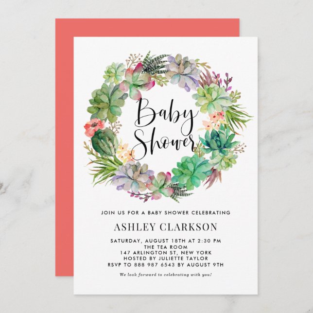 Boho Watercolor Succulents Wreath Baby Shower Invitation (Front/Back)