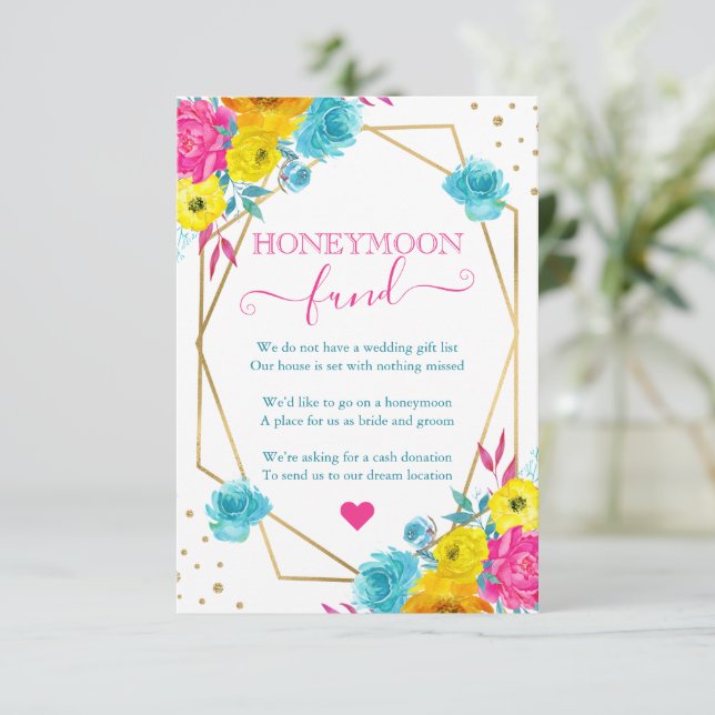 Boho Watercolor Summer Flowers Honeymoon Fund Enclosure Card (Standing Front)