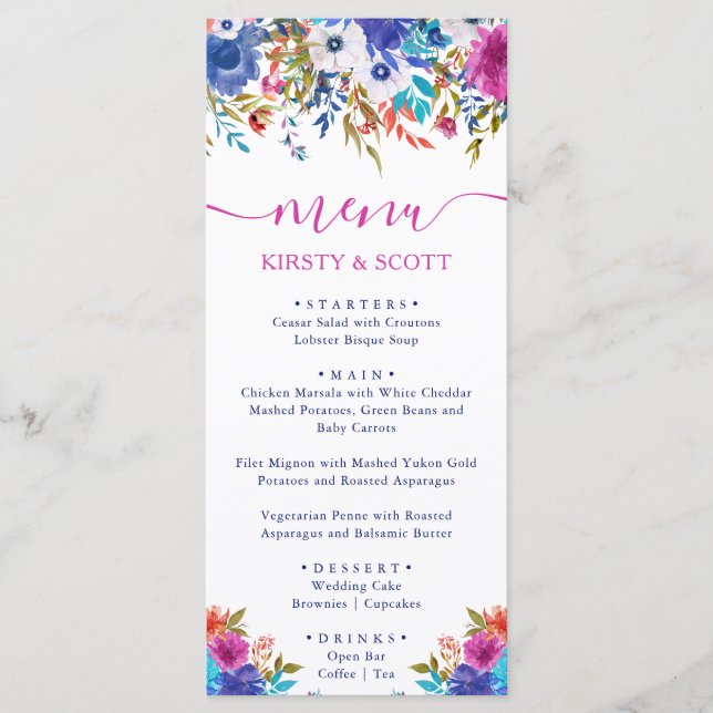 Boho Watercolor Summer Flowers Wedding Menu (Front)
