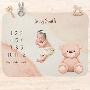 Boho Watercolor Teddy Bear Baby Milestone Blanket
