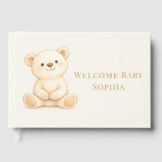Boho Watercolor Teddy Bear Welcome Baby Shower Guest Book
