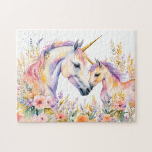 Boho Watercolor Tender Unicorn And Baby In Flower  Jigsaw Puzzle