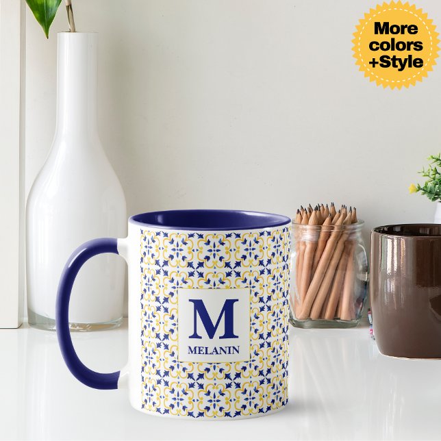Boho Watercolor Tile Mug – Custom Name & Monogram (Boho Watercolor Tile Mug – Custom Name & Monogram)