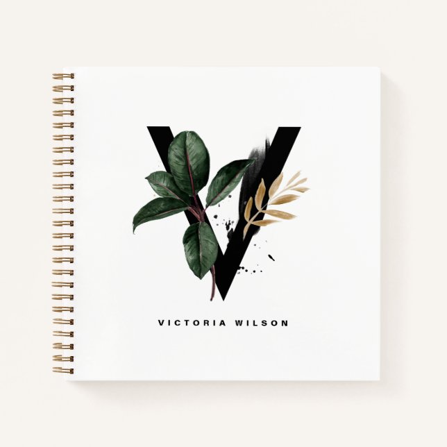 Boho Watercolor Tropical Leaves Letter V Monogram Notebook (Front)
