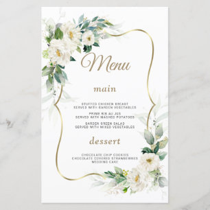 Boho Watercolor White Flowers Gold Wedding Menu
