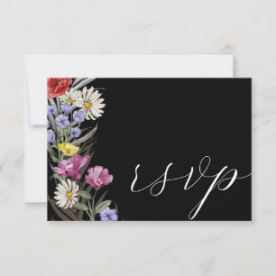 Boho Watercolor Wild Flower & Black Wedding RSVP